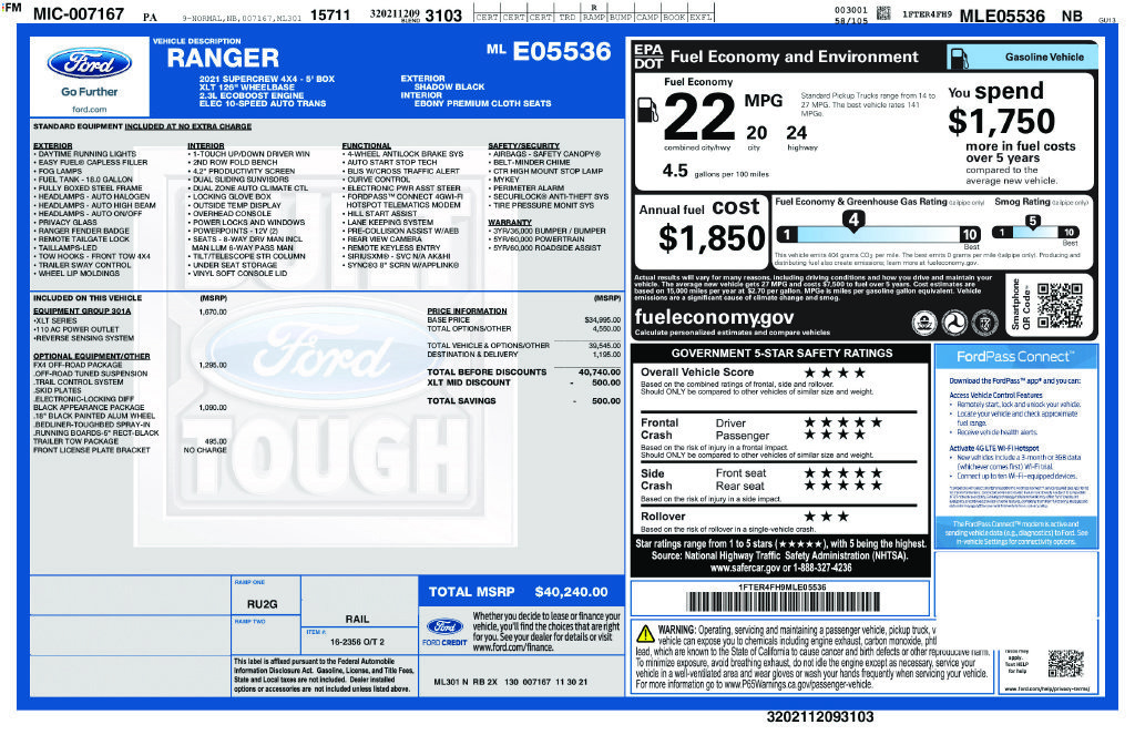 Certified 2021 Ford Ranger XLT w/ Equipment Group 301A Mid AWD/4WD image 36