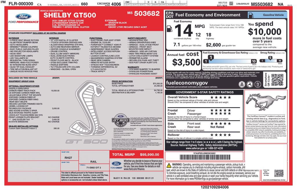 Certified 2021 Ford Mustang Shelby GT500 w/ Carbon Fiber Track Pack RWD image 3