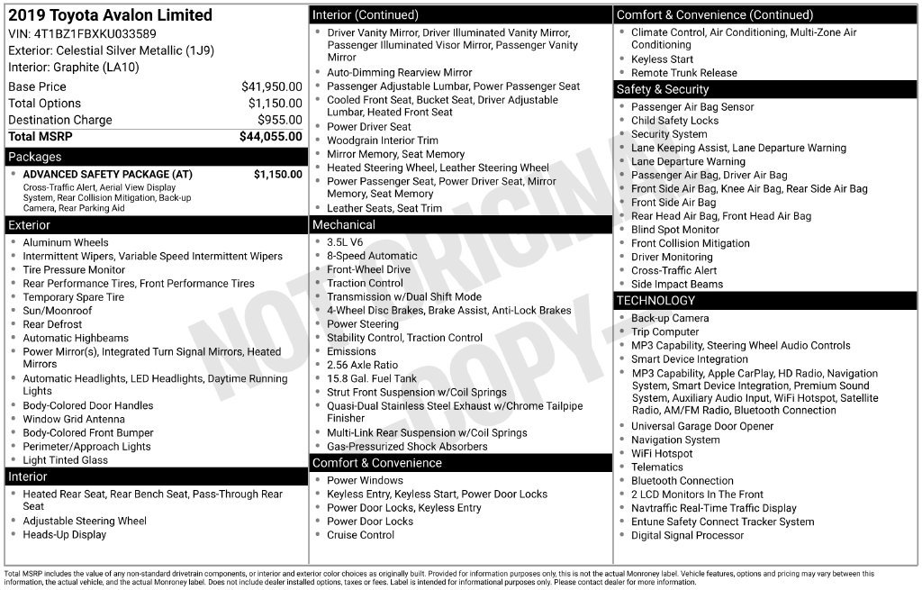 Used 2019 Toyota Avalon Limited w/ Advanced Safety Package FWD image 26