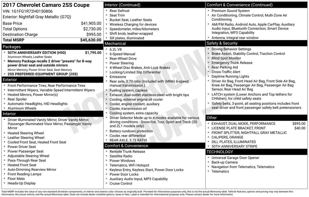 Used 2017 Chevrolet Camaro SS w/ 50th Anniversary Edition RWD image 5
