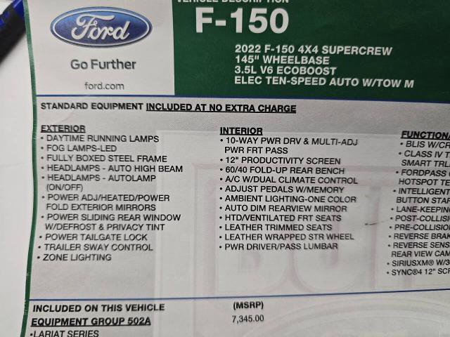 Certified 2022 Ford F150 Lariat w/ Equipment Group 502A High image 28