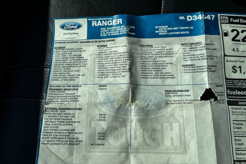 Certified 2021 Ford Ranger Lariat w/ Equipment Group 501A High AWD/4WD image 36