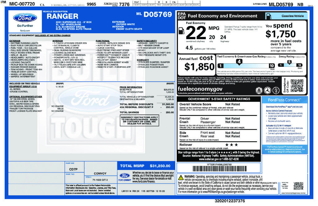 Certified 2021 Ford Ranger XL w/ Equipment Group 101A High AWD/4WD image 3
