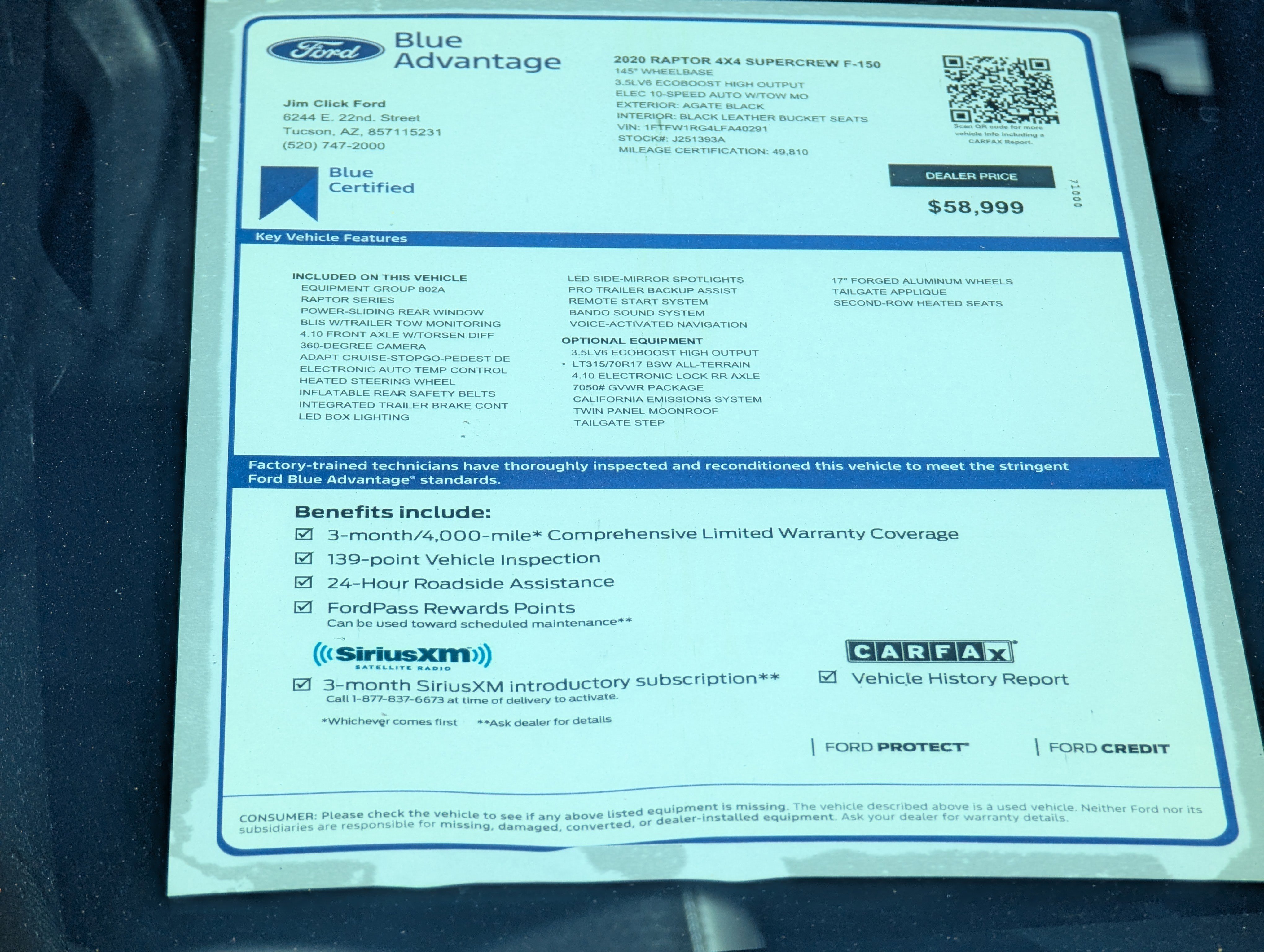 Certified 2020 Ford F150 Raptor w/ Equipment Group 802A Luxury image 15