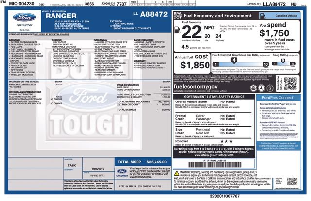 Certified 2020 Ford Ranger XLT w/ Equipment Group 301A Mid image 16