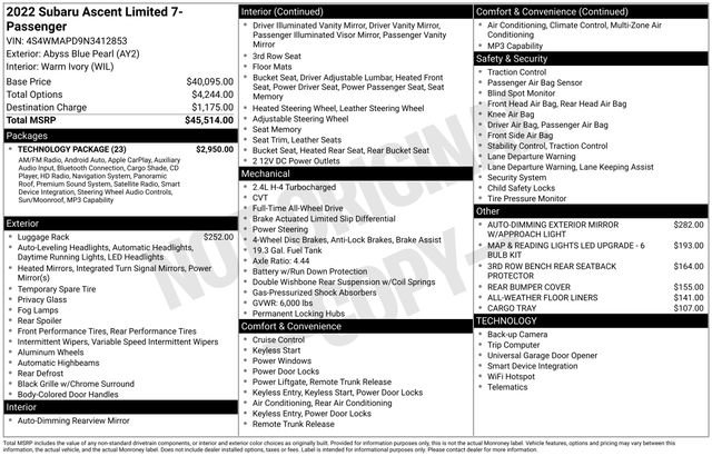 Used 2022 Subaru Ascent Limited w/ Technology Package AWD/4WD image 40