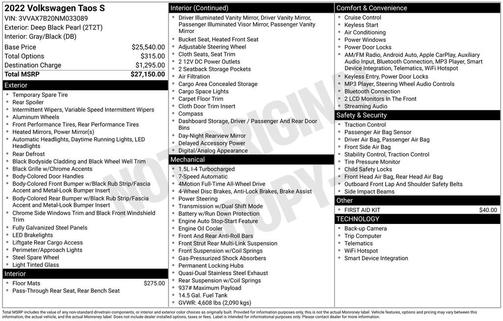 Used 2022 Volkswagen Taos S image 3