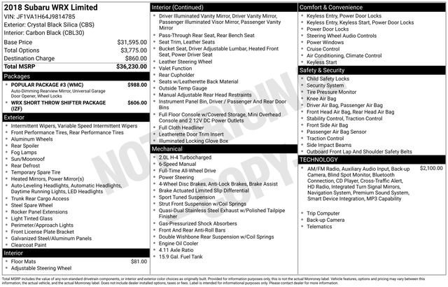 Used 2018 Subaru WRX Limited w/ Popular Package #3 image 36