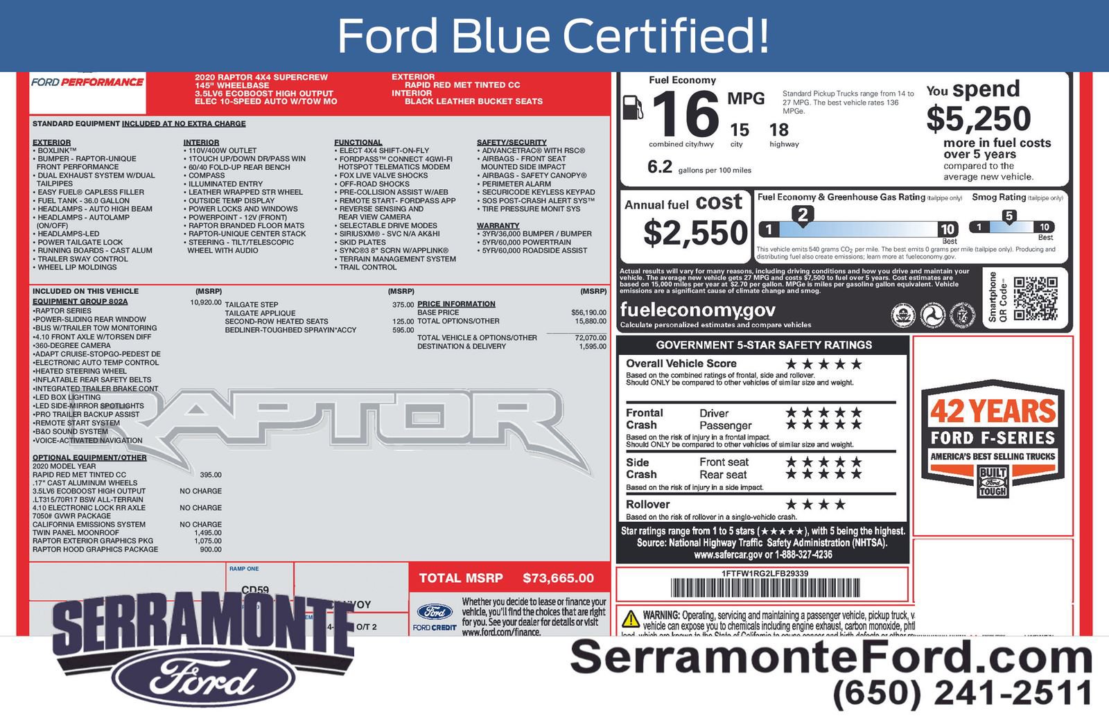 Certified 2020 Ford F150 Raptor w/ Equipment Group 802A Luxury AWD/4WD image 18
