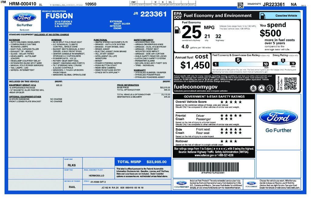 Certified 2018 Ford Fusion S w/ Equipment Group 101A FWD image 31