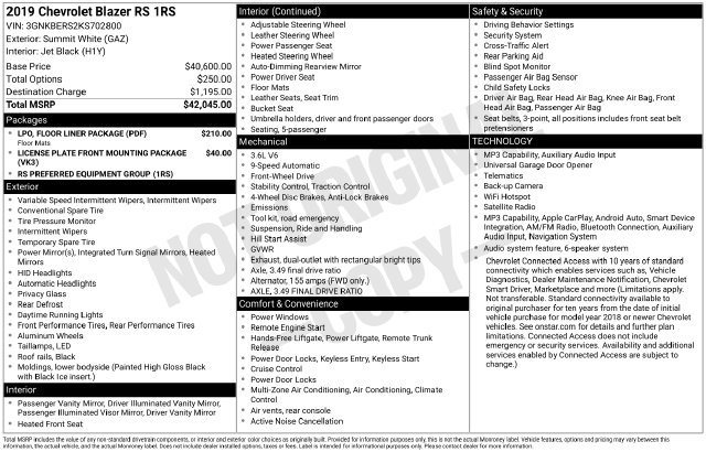 Used 2019 Chevrolet Blazer RS w/ LPO, Floor Liner Package FWD image 6