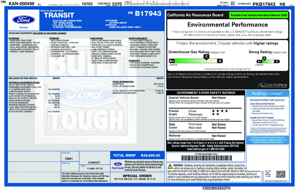 Certified 2023 Ford Transit 250 148 High Roof w/ Load Area Protection Package RWD image 5