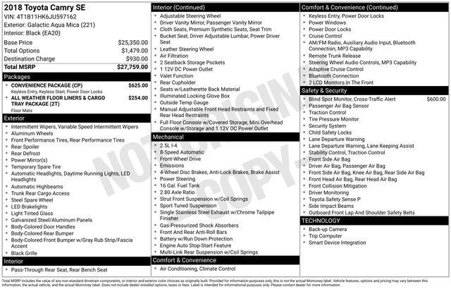 Used 2018 Toyota Camry SE w/ Convenience Package FWD image 34