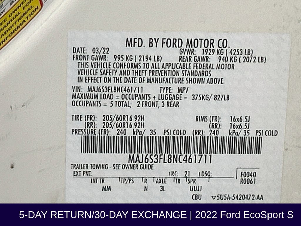 Certified 2022 Ford EcoSport S AWD/4WD image 34