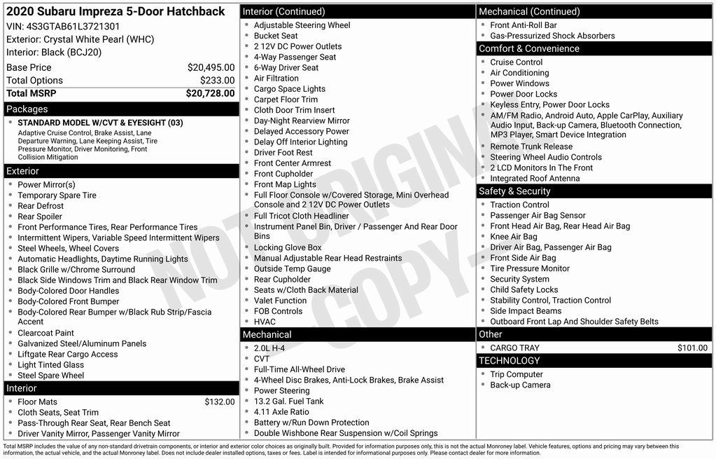 Used 2020 Subaru Impreza 2.0i