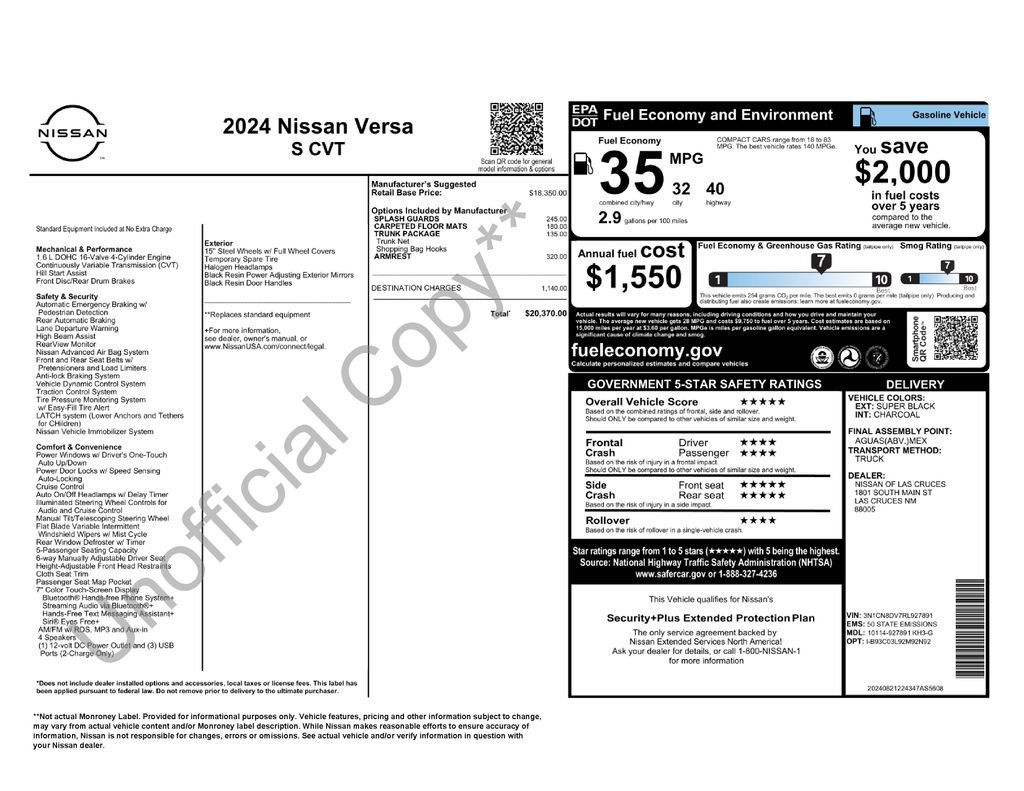 Used 2024 Nissan Versa S w/ Trunk Package FWD image 30