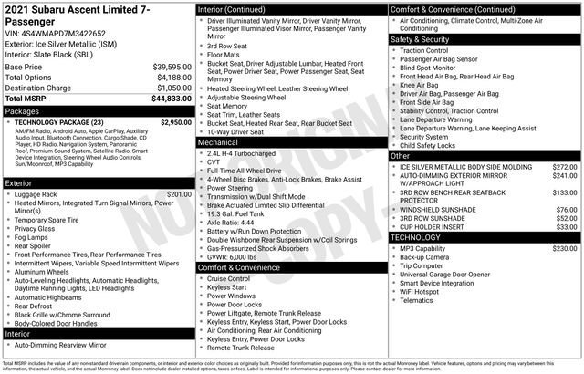 Used 2021 Subaru Ascent Limited w/ Technology Package AWD/4WD image 40