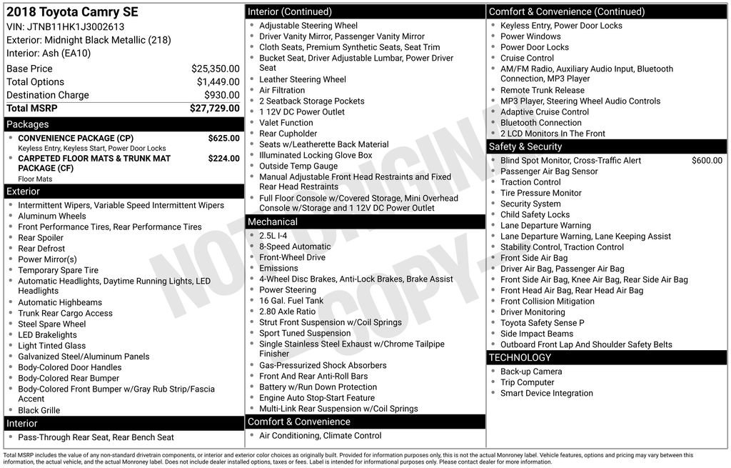 Used 2018 Toyota Camry SE w/ Convenience Package FWD image 24