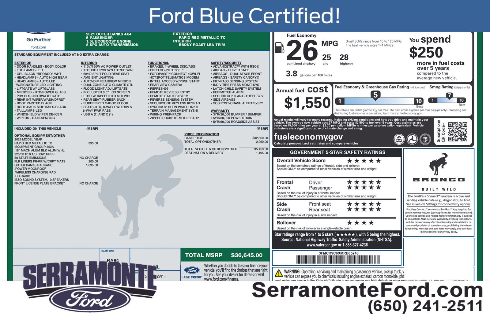 Certified 2021 Ford Bronco Sport Outer Banks w/ Outer Banks Package AWD/4WD image 16