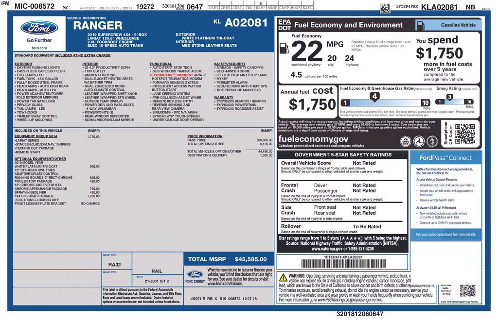 Certified 2019 Ford Ranger Lariat w/ Equipment Group 501A Mid AWD/4WD image 34
