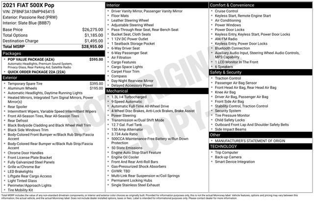 Used 2021 FIAT 500X Pop w/ Pop Value Package image 2