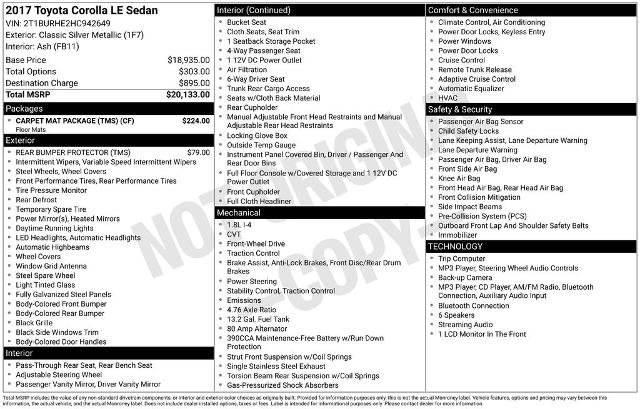 Used 2017 Toyota Corolla LE w/ Carpet Mat Package (TMS) FWD image 8