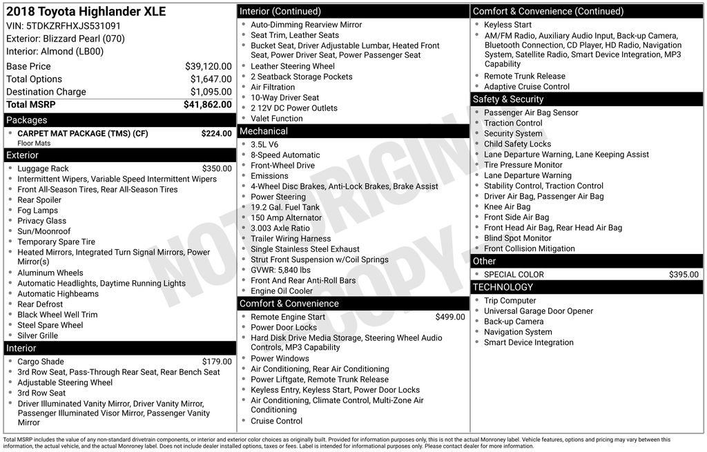 Used 2018 Toyota Highlander XLE w/ Carpet Mat Package (TMS) FWD image 4