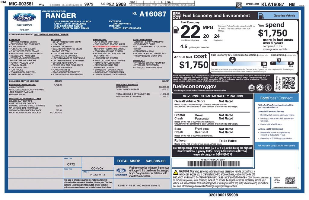 Certified 2019 Ford Ranger Lariat w/ Equipment Group 501A Mid AWD/4WD image 24