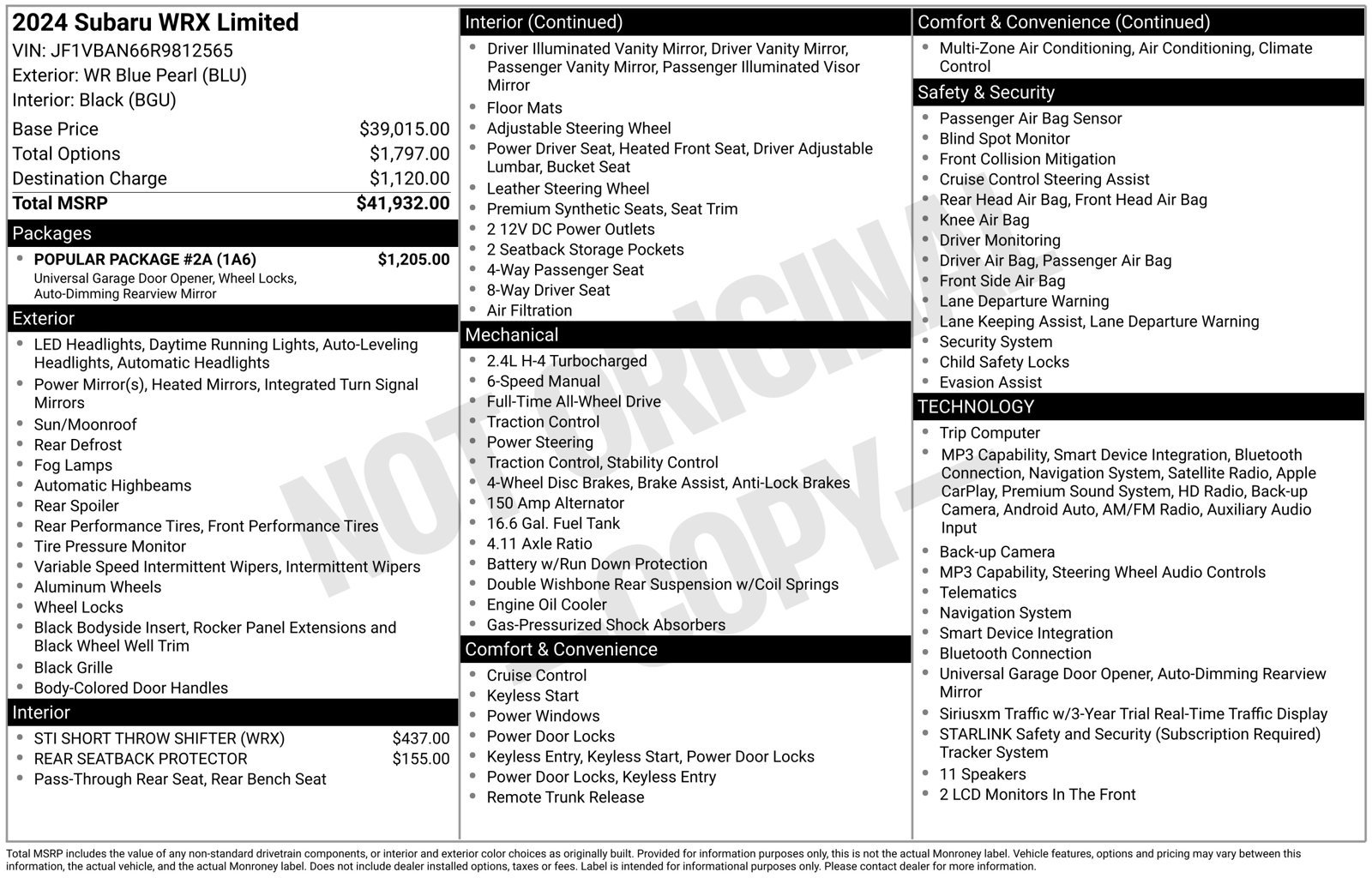 Used 2024 Subaru WRX Limited w/ Popular Package #2A AWD/4WD image 31
