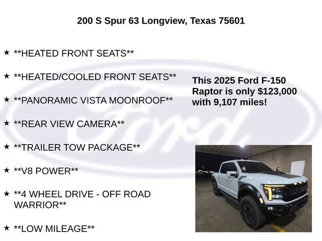 Certified 2025 Ford F150 Raptor w/ Equipment Group 803A Raptor R image 20