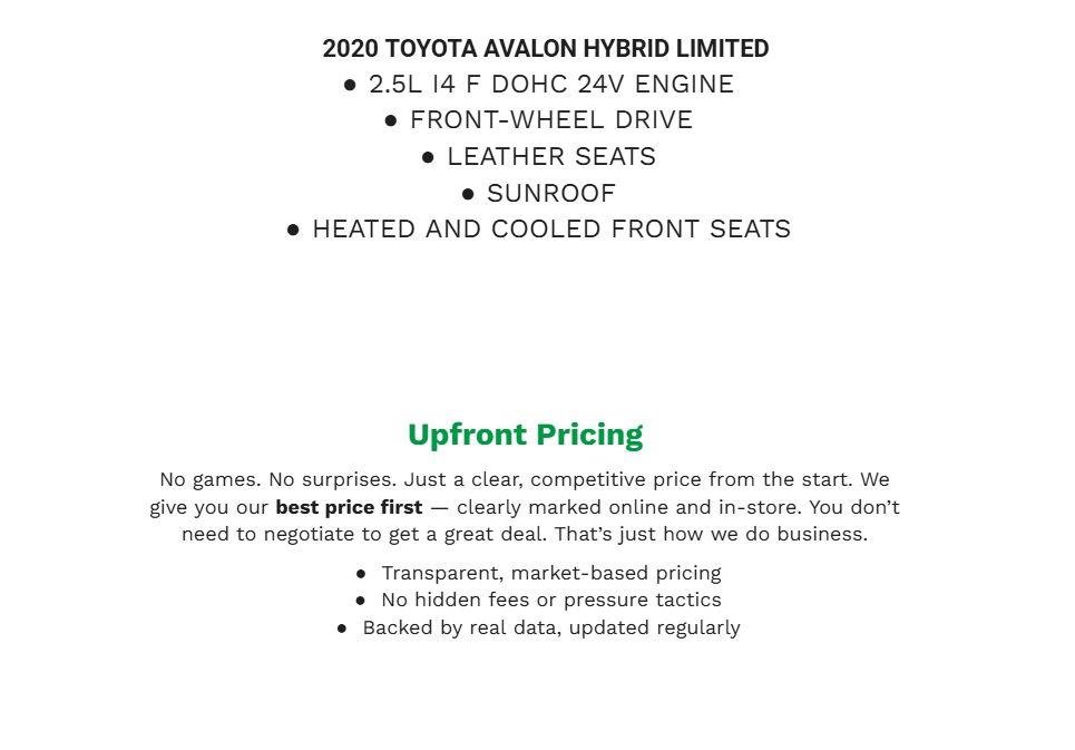 Used 2020 Toyota Avalon Limited w/ Advanced Safety Package FWD image 2