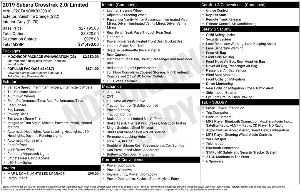 Used 2019 Subaru Crosstrek 2.0i Limited w/ Moonroof Package w/Navigation image 33