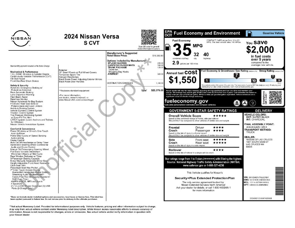Used 2024 Nissan Versa S w/ Trunk Package FWD image 29