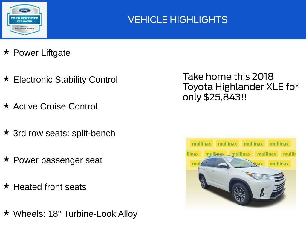 Used 2018 Toyota Highlander XLE w/ Carpet Mat Package (TMS) FWD image 19