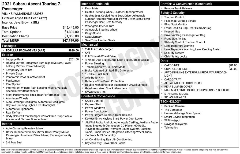 Used 2021 Subaru Ascent Touring w/ Popular Package #2A image 33