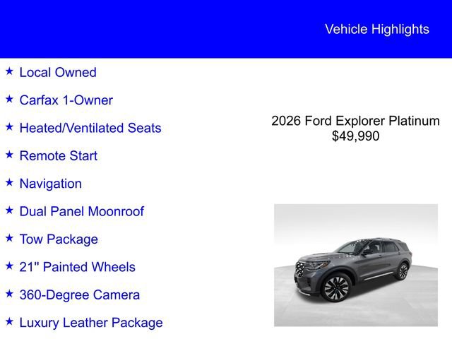 Certified 2026 Ford Explorer Platinum w/ LUX Leather Package AWD/4WD image 3