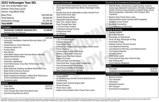 Used 2022 Volkswagen Taos SEL w/ Panoramic Sunroof Package FWD image 2