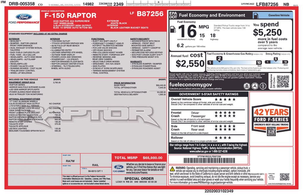 Certified 2020 Ford F150 Raptor w/ Equipment Group 801A Mid AWD/4WD image 36