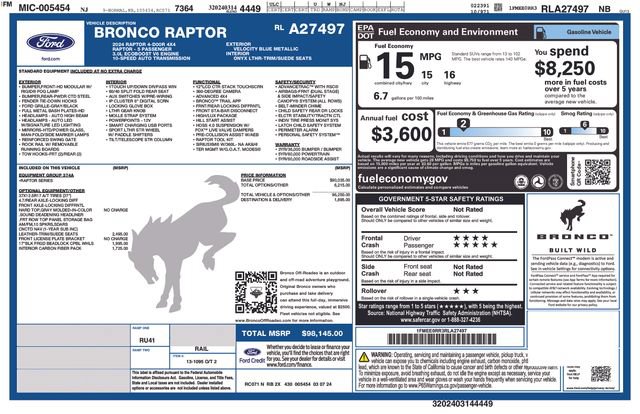 Certified 2024 Ford Bronco Raptor w/ Interior Carbon Fiber Pack 6 AWD/4WD image 12