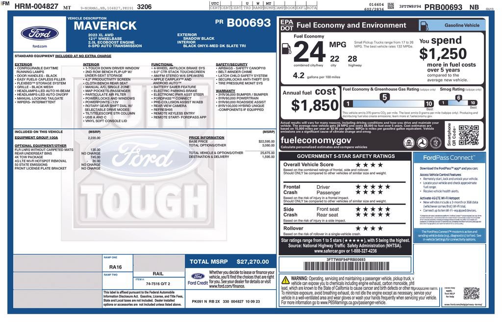 Certified 2023 Ford Maverick XL w/ Equipment Group 100A Standard