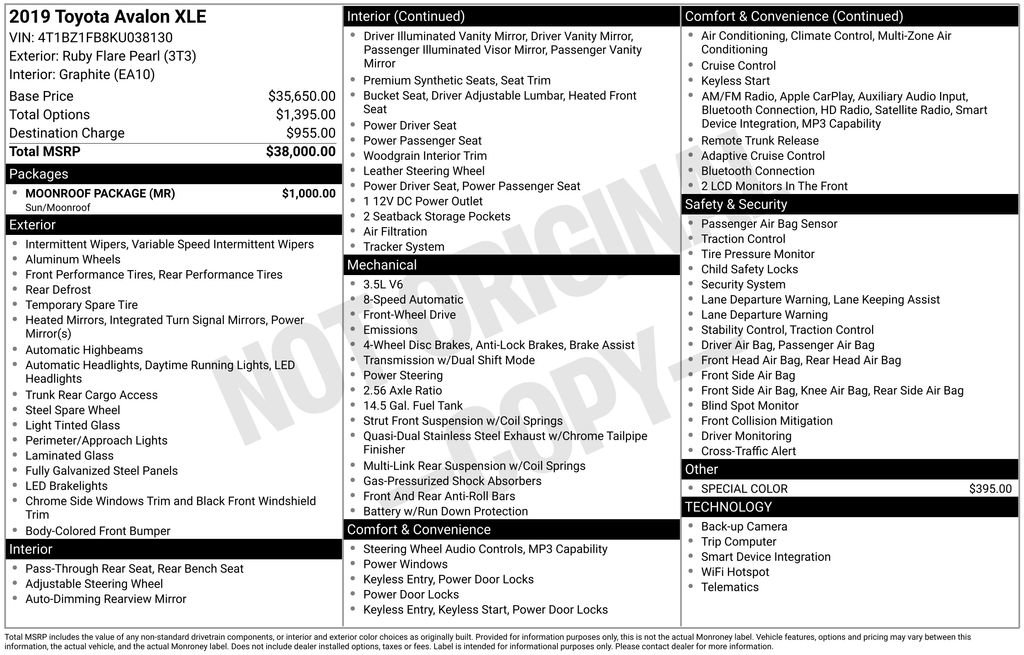 Used 2019 Toyota Avalon XLE w/ Moonroof Package FWD image 27