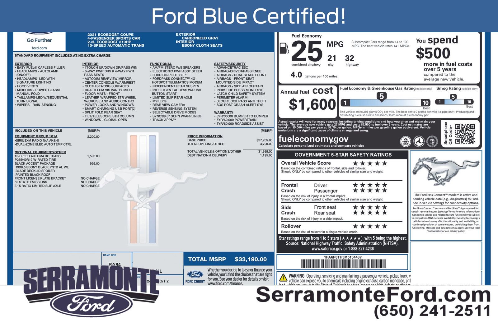 Certified 2021 Ford Mustang Coupe w/ Equipment Group 101A RWD image 16