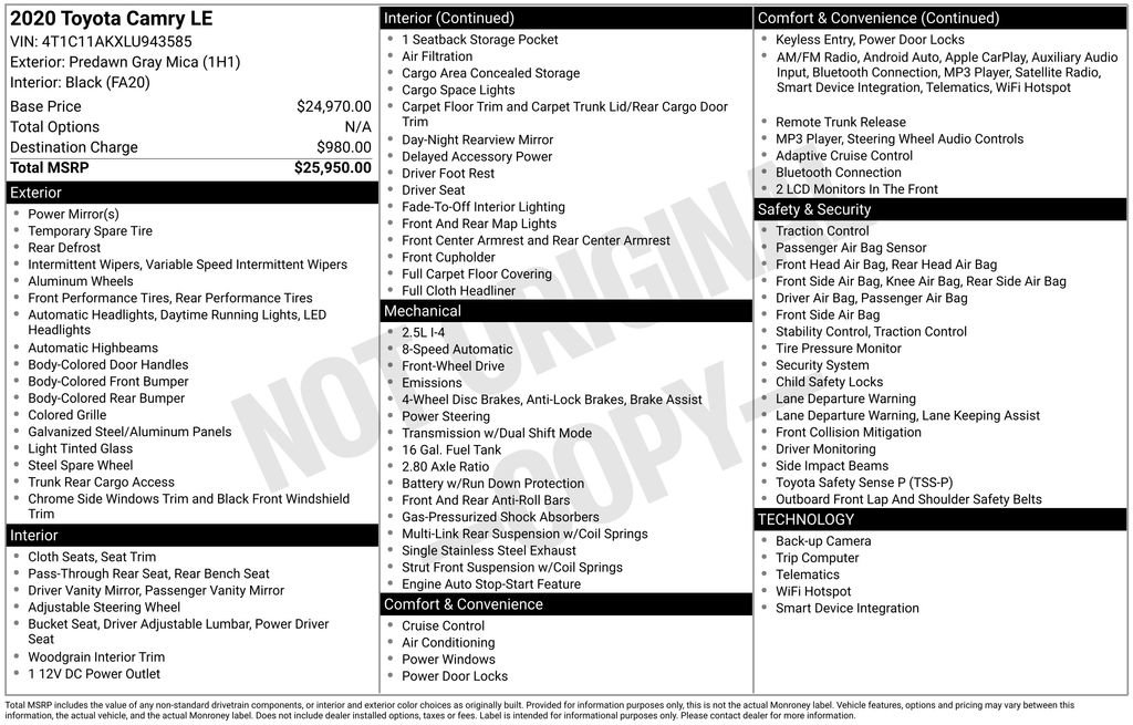 Used 2020 Toyota Camry LE FWD image 1