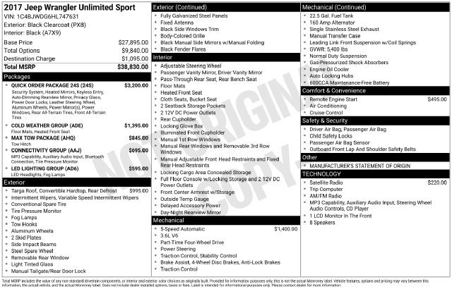 Used 2017 Jeep Wrangler Unlimited Sport w/ Quick Order Package 24S AWD/4WD image 33