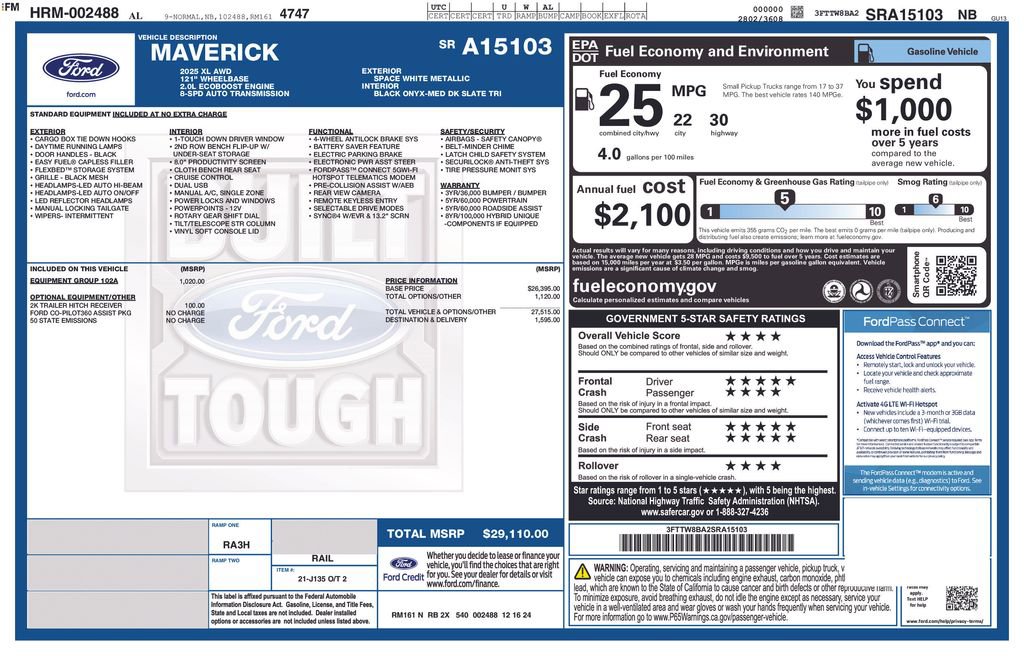 Certified 2025 Ford Maverick XL w/ Equipment Group 102A AWD/4WD image 7