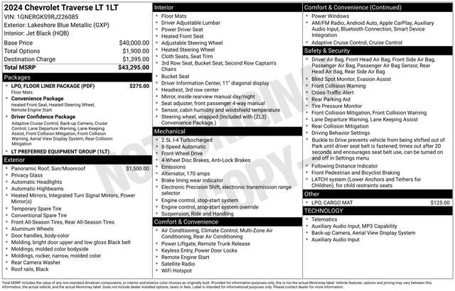 Used 2024 Chevrolet Traverse LT w/ LPO, Floor Liner Package FWD image 4