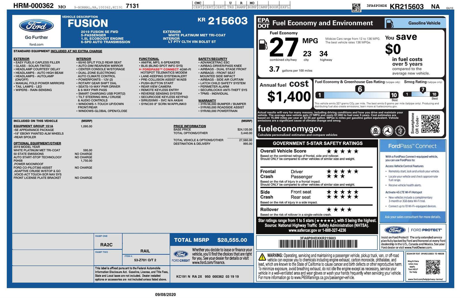 Certified 2019 Ford Fusion SE w/ Equipment Group 151A FWD image 24