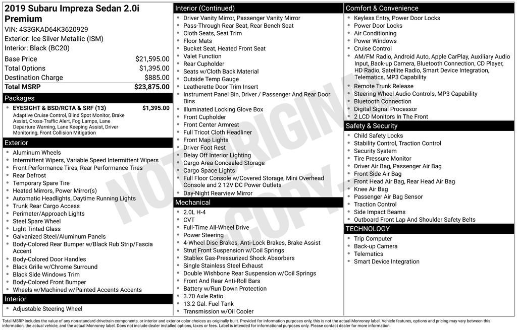 Used 2019 Subaru Impreza 2.0i Premium w/ Eyesight & BSD/Rcta & SRF image 33
