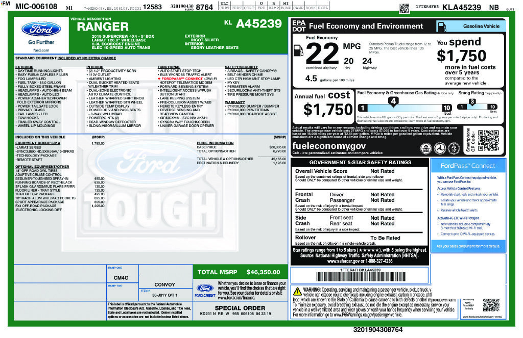 Certified 2019 Ford Ranger Lariat w/ Equipment Group 501A Mid AWD/4WD image 26