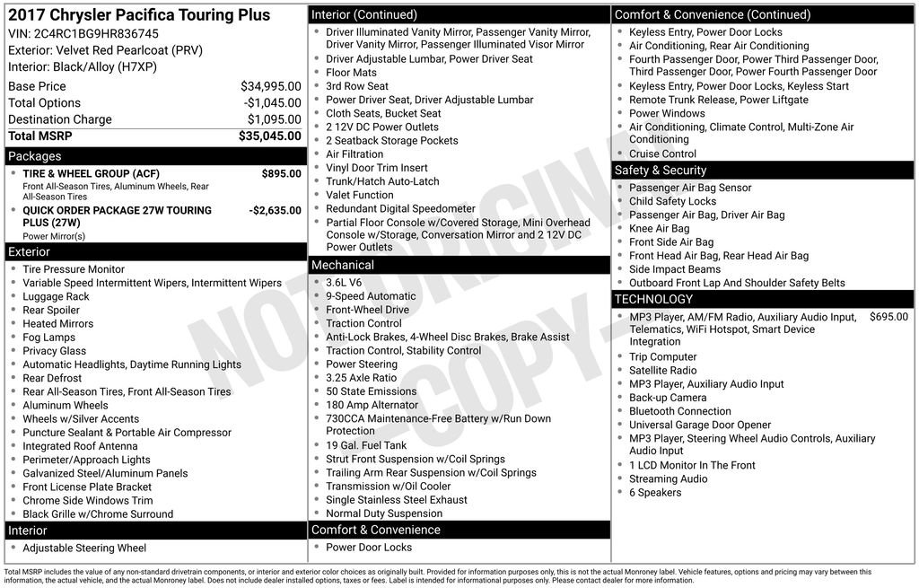Used 2017 Chrysler Pacifica Touring Plus w/ Tire & Wheel Group FWD image 4